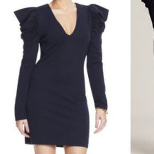 V Neck Navy Long Sleeve Puffy Sleeve Dress